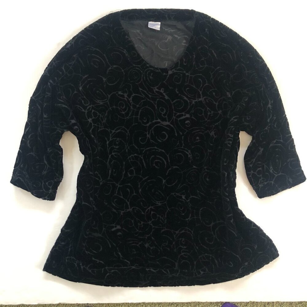 Cabernet Black Floral Velvet Burnout Top XL Oversized Roomy 3/4 Sleeves
